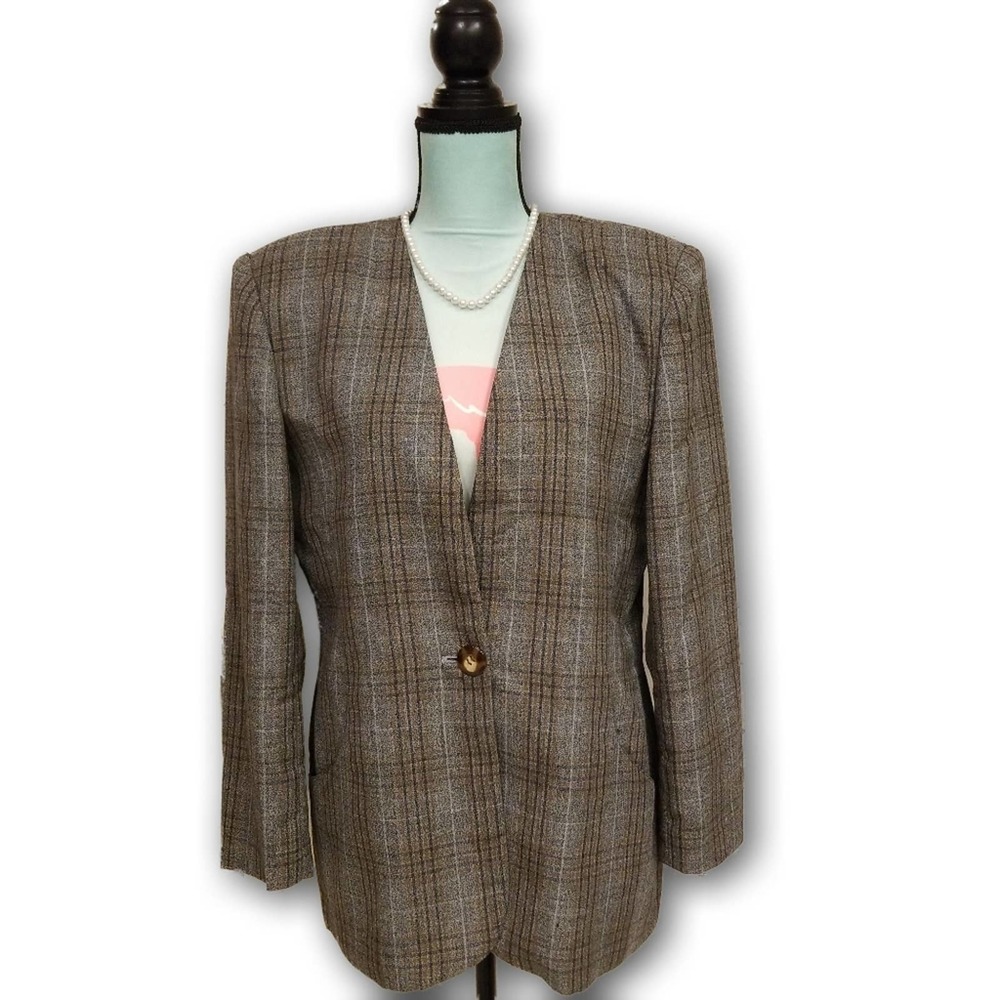 Synergy Vintage Collarless Check Blazer Brown 8